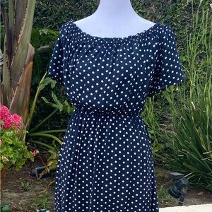 Navy Polka Dot Off-Shoulder Dress